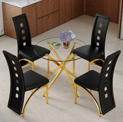 Set Tafel En Stoelen - Ronde Glazen Eettafel Met 4 Stoelen - Modern Voor Eethoek En Keuken - Metaal En Kunstleer - Zwart Goud Transparant