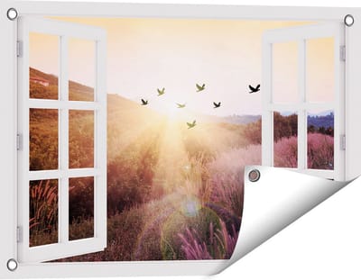 Gards Tuinposter Doorkijk Silhouet Zwerm Vogels bij Zonsondergang - 60x40 cm - Tuindoek - Tuindecoratie - Wanddecoratie buiten - Tuinschilderij