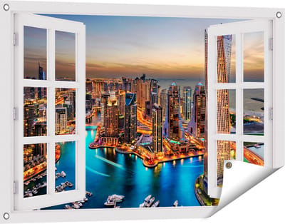 Gards Tuinposter Doorkijk Dubai Haven met de Stad - 90x60 cm - Tuindoek - Tuindecoratie - Wanddecoratie buiten - Tuinschilderij