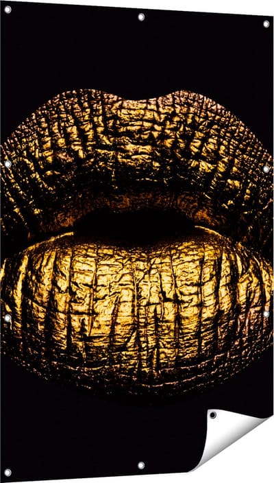 Gards Tuinposter Gouden Lippen - 80x120 cm - Tuindoek - Tuindecoratie - Wanddecoratie buiten - Tuinschilderij