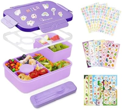 PromoHome Bento Lunchbox 1300 ml met 4 vakken + verwijderbaar vak, lekvrije afdichting, inclusief bestek en 16 stickers - Geschikt voor kinderen en volwassenen - Paars
