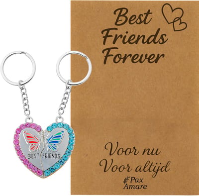 BFF Sleutelhanger voor 2 'Best Friends Forever' - Magnetisch Hartje met Vlinder - Sleutelhangers op Cadeau Kaartje - Zilverkleurig - Vriendschap Symbool - Pax Amare