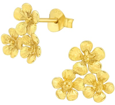 Joy|S - Zilveren bloem oorbellen - 12 mm - 3 bloemen oorknoppen - gold plated