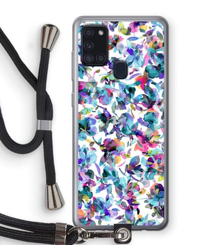 Case Company® - Hoesje met koord geschikt voor Samsung Galaxy A21s hoesje met Koord - Hibiscus Flowers - Telefoonhoesje met Zwart Koord - Bescherming aan alle Kanten en Over de Schermrand