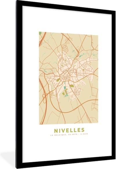 Fotolijst incl. Poster - Vintage - Nivelles - Kaart - Plattegrond - Stadskaart - 80x120 cm - Posterlijst