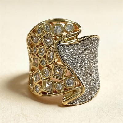 Bague Asymétrique Huitan pour Femme Design Géométrique Fête Club Statement Zircone Cubique Entièrement Brillante Accessoires Bijoux Tendance de Luxe 6 brown