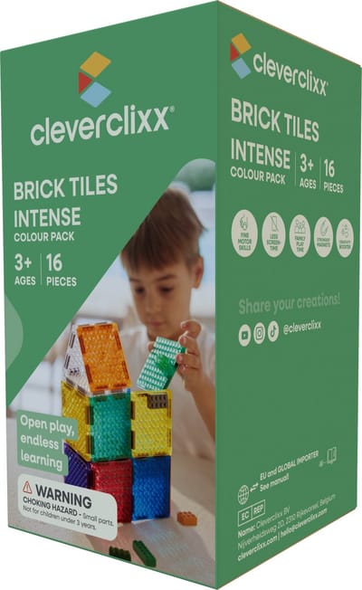 Cleverclixx Brick Tiles Pack Intense | 16 Stuks | Speelgoed +3 jaar | Magnetisch speelgoed |