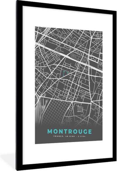 Fotolijst incl. Poster - Montrouge - Frankrijk - Plattegrond - Kaart - Stadskaart - 60x90 cm - Posterlijst