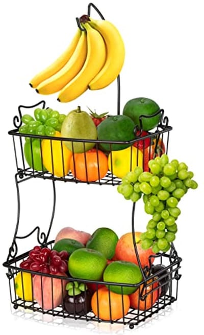 2-laags fruitmand met banaanhanger – Multifunctionele metalen fruitschaal voor keuken en aanrecht