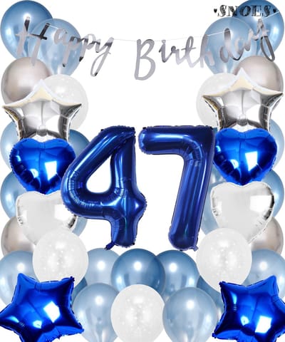 Snoes Ballonnen 47 Jaar Set Mega Blauw Zilver Ballon - Compleet Feestpakket Cijferballon 47 Jaar - Verjaardag Versiering Slinger Happy Birthday – Folieballon – Latex Ballonnen - Helium Ballonnen