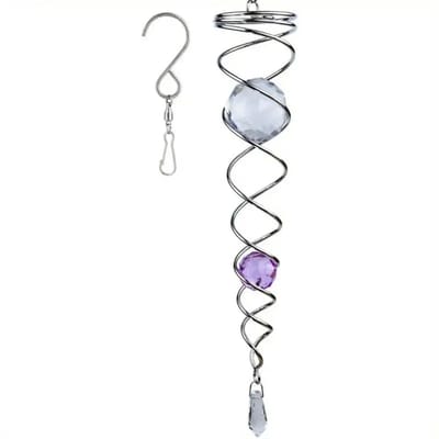 WiseGoods Premium RVS Windspinner Twister - 30CM - Met Paarse En Transparante Kristallen - Woondecoratie - Cadeau - Suncatcher