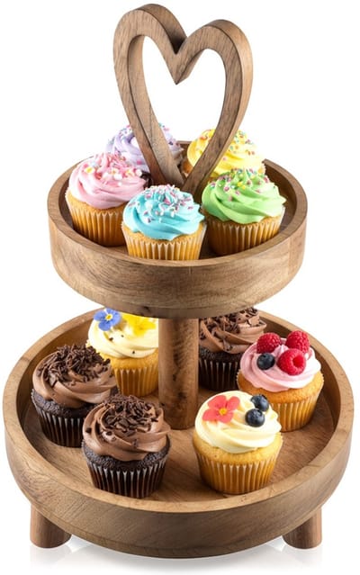 Etagère Houten 2-Niveaus MANGO 42 cm - Serveertoren - Taartplateau - Cupcakestandaard - Taartstandaard