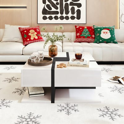 REDOM Hoogglans vierkante salontafel 78×78×36 cm, 4 lades, artistiek lijnpatroon, wit spaanplaat, ruime onderplank