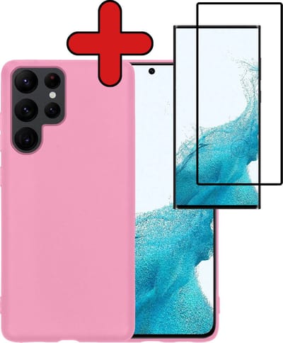 Hoesje - Met Screenprotector - Geschikt voor Samsung Galaxy S22 Ultra - Sterk & Shockproof - Telefoon Hoes - Back Cover - Siliconen Case - Telefoonhoes - Lichtroze