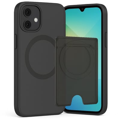 SnapSkin Hoesje & Pasjeshouder geschikt voor Samsung Galaxy A06 - Geschikt voor MagSafe Case - Magnetische Kaarthouder - Semi-Transparant Zwart