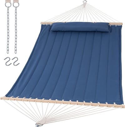Dubbele Hangmat met Eikenhouten Spreidstang en Kussen - 220x150 cm - Katoen 300 g/m² - 500 kg - Blauw