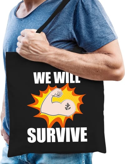 We will survive katoenen tas zwart voor heren - solidariteit tassen - kado / tasje / shopper