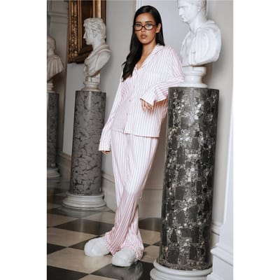 boohoo Dames Strepen lange mouwen overhemd en broek 3-delig pyjamasset | Pink | Maat: 10