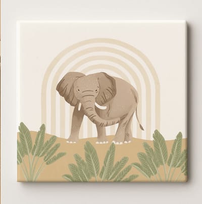 Olifant Safari Keramische Tegel – 15x15cm Boho Jungle Babykamer Wanddecoratie voor Kinderkamer & Geboortecadeau