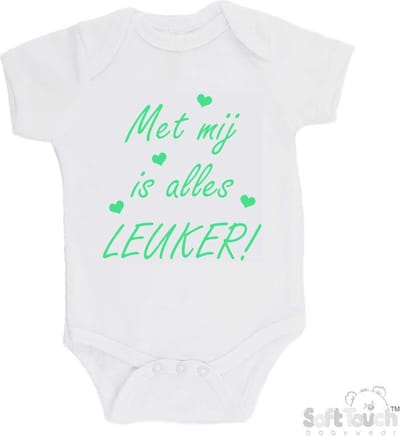 100% katoenen Romper "Met mij is alles LEUKER!" Unisex Katoen Wit/mint Maat 56/62