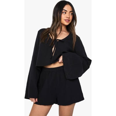 boohoo Dames Kaasdoek Shorts met Elastische Tailleband | Zwart | Maat: 34