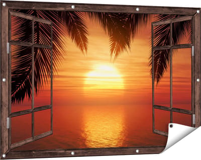 Gards Tuinposter Doorkijk Zonsondergang op het Strand met Palmbomen - 120x80 cm - Tuindoek - Tuindecoratie - Wanddecoratie buiten - Tuinschilderij