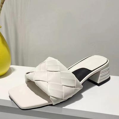 Nieuwe Mode Handgemaakte Weefsel Leer Dames Pantoffel Lage Vierkante Hakken Dames Instapper Casual Buiten Strand Slide Schoenen Sandalen 42