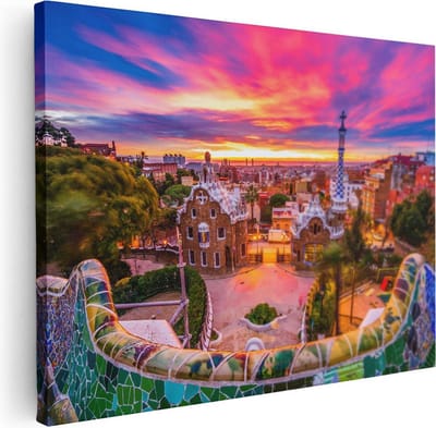 Artaza Canvas Schilderij Park Güell - 40x30 cm - Klein - Wanddecoratie Mozaiek - Muurdecoratie Zonsondergang - Kamer Accessoires Stad