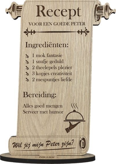 Recept peter - houten wenskaart - kaart om iemand als peetoom te vragen - 17.5 x 25 cm