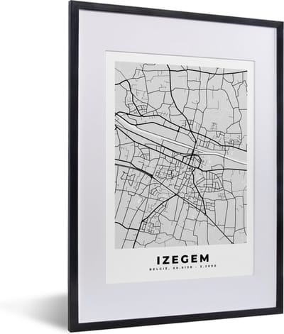 Fotolijst incl. Poster Zwart Wit- Stadskaart – Zwart Wit - Kaart – Izegem – België – Plattegrond - 30x40 cm - Posterlijst