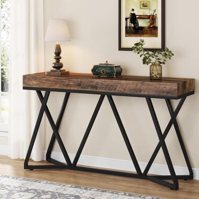 Tribesigns Console Tafel - Bijzettafel - Sidetable Industrieel met unieke metalen basis - Bruin - 140 x 30 x 90 cm