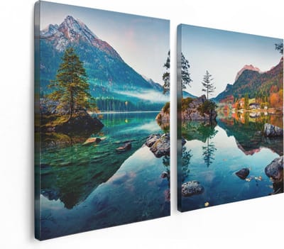 Artaza Canvas Schilderij Tweeluik Meer In De Bergen Tijdens De Herfst - 120x80 - Foto Op Canvas - Canvas Print