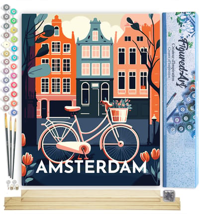 Figured'Art Schilderen op Nummer Volwassenen canvas Reisposter Amsterdam- Handwerk acrylverf Kit DIY Compleet - 40x50cm met DIY houten lijst