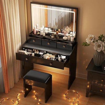 Kaptafel met spiegel - Schoonheidstafel - Make-up aanbrengen - Verstelbare LED-verlichting - 80 x 40 x 135 cm - Wit