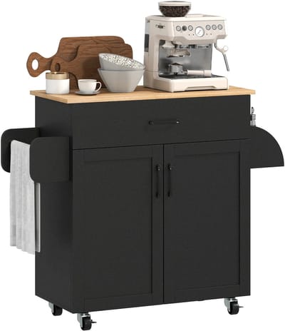 Innovastore Keukeneiland - Keukenkast - Dressoir - Organizer - Kast - Keukenblok - Opslagkast - Houtenwerkblad - Hout - Zwart