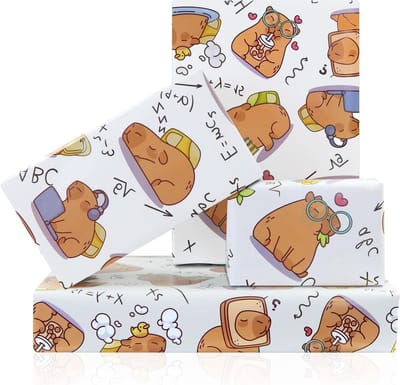 Leuke Capybara Cadeaupapier voor Studenten - 4 Vellen Vouwbaar met Dierenpatronen voor Verjaardag, Schoolfeest en Cadeaus