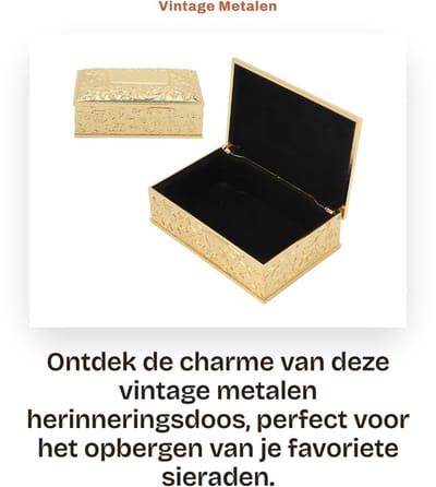 Dailygoods- Herinneringsdoos Vintage Stijl - Sieraden Opbergdoos - Goudkleur - Zinklegering - Fluwelen Voering - Duurzaam en Roestvrij - Sieradendoos