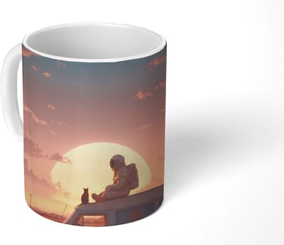 Mok - Koffiemok - Busje - Kat - Zonsondergang - Oranje - Mokken - 350 ML - Beker - Koffiemokken - Theemok