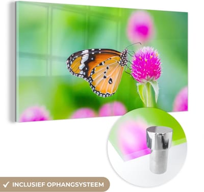 MuchoWow® Glasschilderij 40x20 cm - Schilderij acrylglas - Landelijk - Vlinder - Distel - Bloem - Foto op glas - Schilderijen