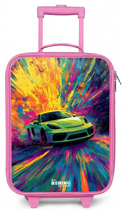 NoBoringSuitcases.com® - Kinderkoffer roze - Kindertrolley meisje - Sportwagen - Explosie - Kleurrijk - Verfstrepen - Koffer kind lichtgewicht - Reiskoffer trolley voor kinderen - Koffertje met lichtgevende wieltjes - Rolkoffer