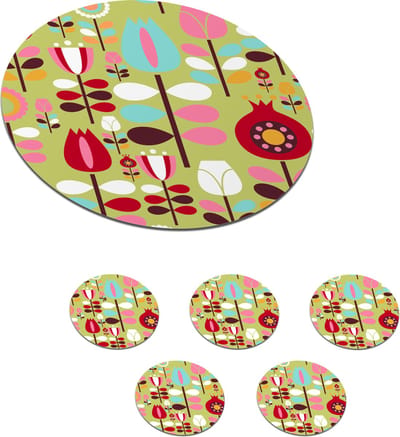 Onderzetters voor glazen - Rond - Patronen - Bloemen - Kleuren - 10x10 cm - Glasonderzetters - 6 stuks
