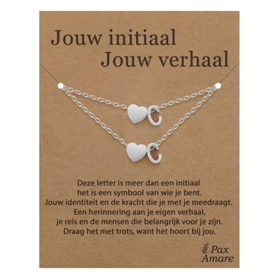 Letter C ketting + armband set op Cadeau Kaartje - Jouw initiaal, jouw verhaal - Zilverkleurig Stainless Steel - Initiaal & Hartje Hanger - Pax Amare