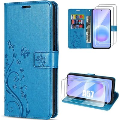 Hoesje voor Samsung Galaxy A57 5G, Krasbestendig Synthetisch Leer Bloemenpatroon - Blauw - 2 Gehard Glas blauw