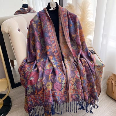 Luxe Dames Winter Kasjmier Sjaal - Geborduurde Geprinte Sjaal met Kwastjes, Elegante Pareo Kaap & Dikke Hoofddoek black