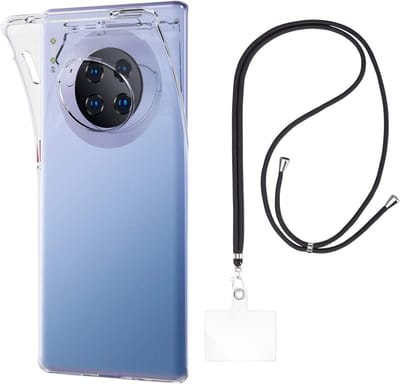 Set met hoesje en nekband voor huawei mate 30 pro - Flexibele, transparante TPU-bescherming, verstelbare universele nekband voor mobiele telefoons, zwarte nekband, transparante draagriem van Phonillico®