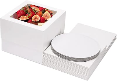 Taartdozen met Plaat - Bakkerijdozen Dessertdozen - Taarten Presenteren - Met Transparant Venster - 10x10x8 Inch - Wit
