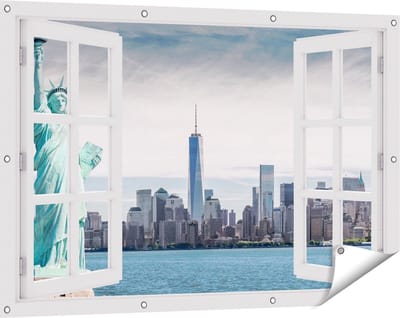 Gards Tuinposter Doorkijk Vrijheidsbeeld in New York - 120x80 cm - Tuindoek - Tuindecoratie - Wanddecoratie buiten - Tuinschilderij