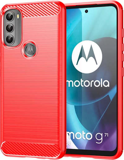 MobyDefend Hoesje - Geschikt voor Motorola Moto G71 - TPU Backcover - Geborstelde Metaal & Carbon-Look - Rood