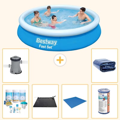 Bestway Rond Opblaasbaar Fast Set Zwembad - 366 x 76 cm - Blauw - Inclusief Onderhoudspakket - Solar Mat - Grondzeil - Filter - Zwembadfilterpomp - Solarzeil - 7-delig