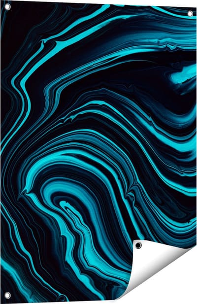 Gards Tuinposter Abstracte Kunst - Aqua Blauw met Zwart - 60x80 cm - Tuindoek - Tuindecoratie - Wanddecoratie buiten - Tuinschilderij